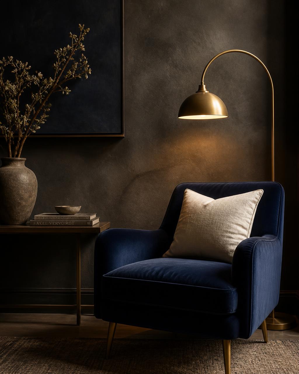 Navy velvet armchair lit by a brass lamp in a moody styled interior